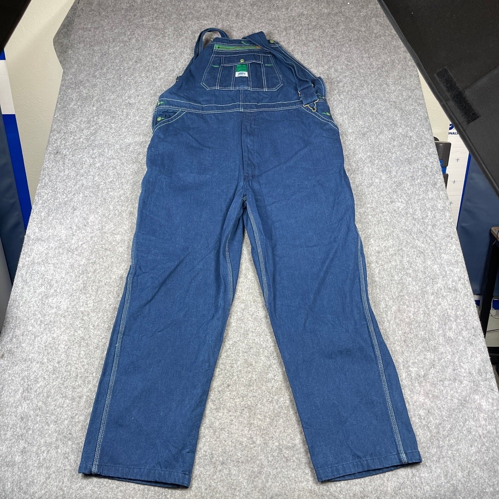 Liberty Mens Denim Bib Overalls Blue Indigo Green‎ Stitching Workwear 44x30